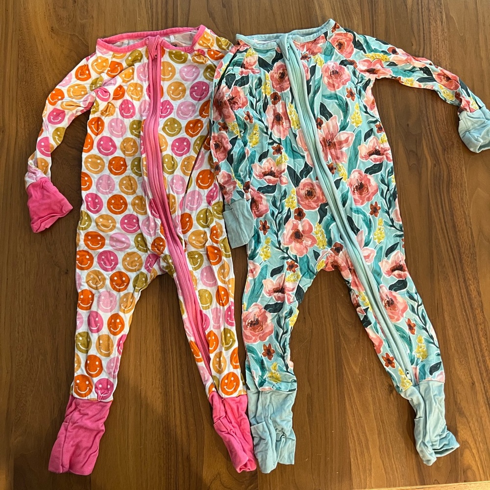 Little One Shop Floral and Smiley Face zip convertible bamboo pjs 6-12 months